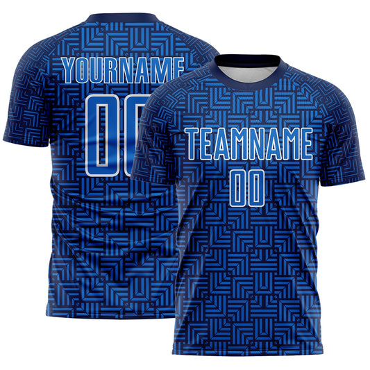 Custom Navy Blue-White Geometric Maze Interlocking Square Sports Sublimation Soccer Uniform Jersey - Main View