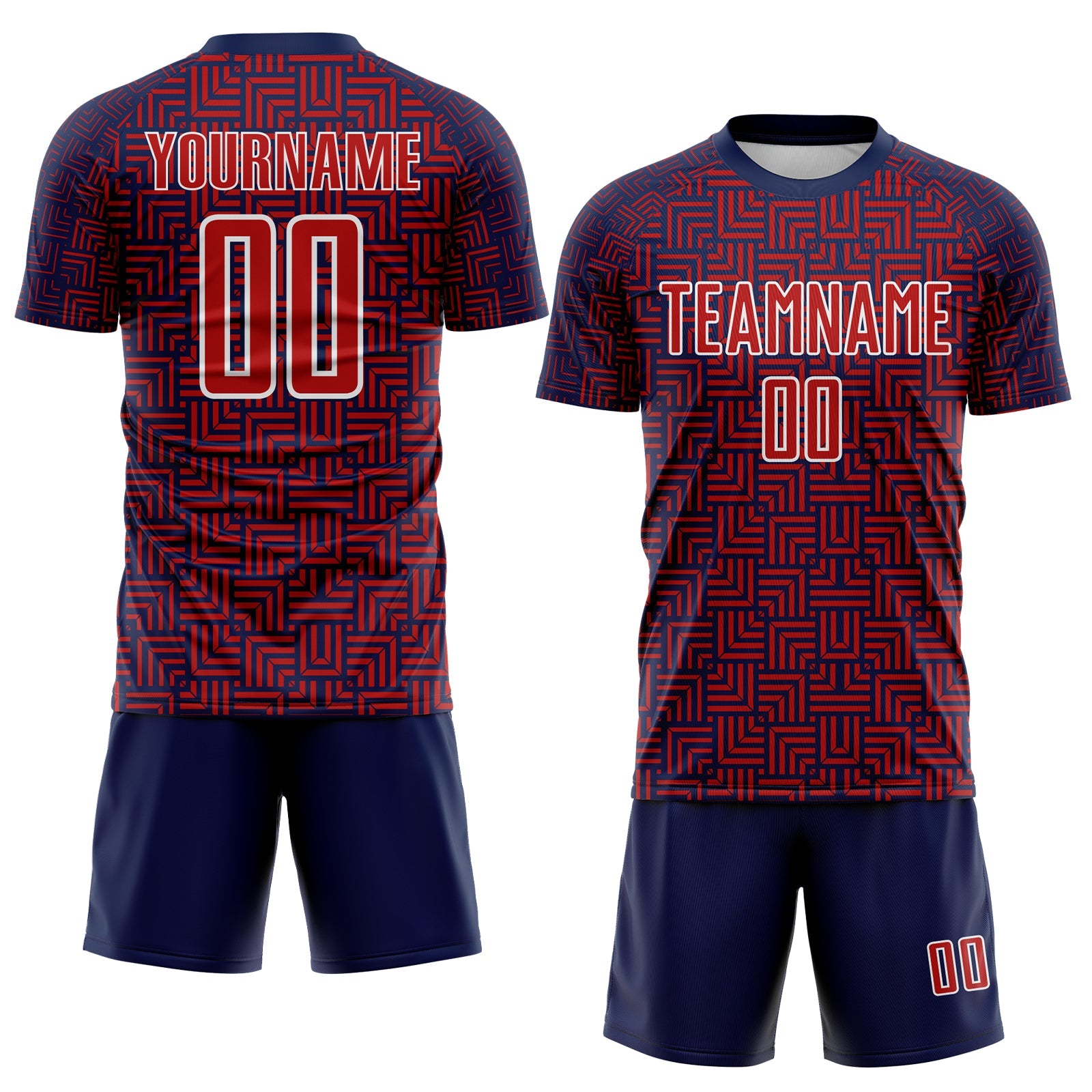 Custom Navy Red-White Geometric Maze Interlocking Square Sports Sublimation Soccer Uniform Jersey view 2