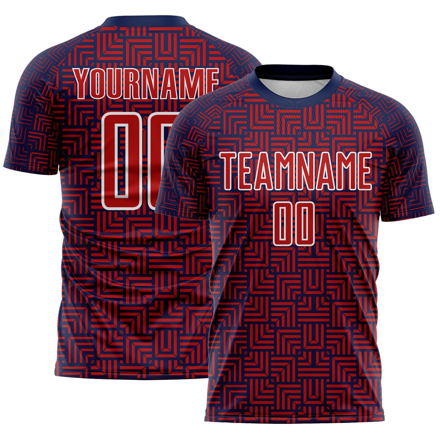 Custom Navy Red-White Geometric Maze Interlocking Square Sports Sublimation Soccer Uniform Jersey - Main View