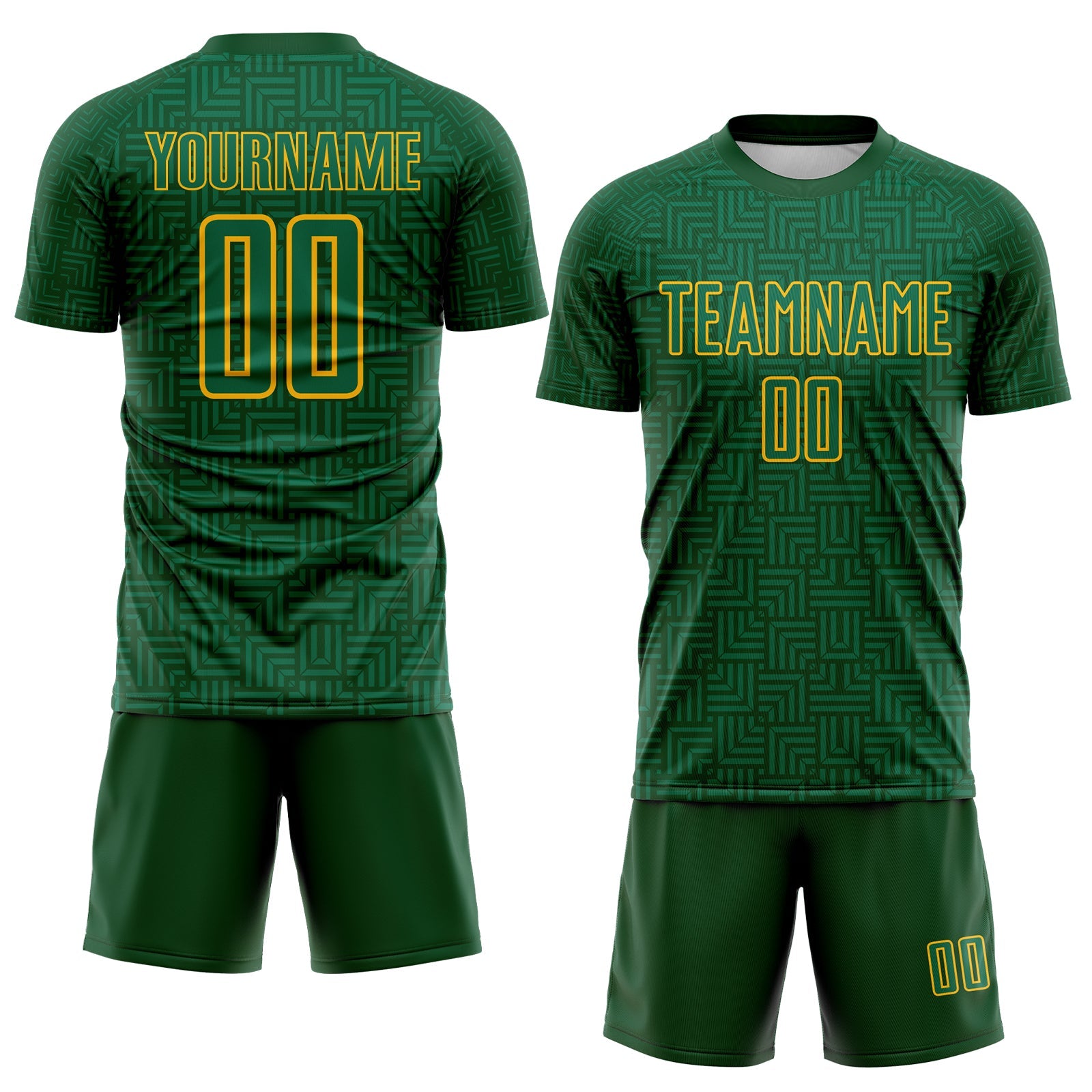 Custom Green Kelly Green-Gold Geometric Maze Interlocking Square Sports Sublimation Soccer Uniform Jersey view 2