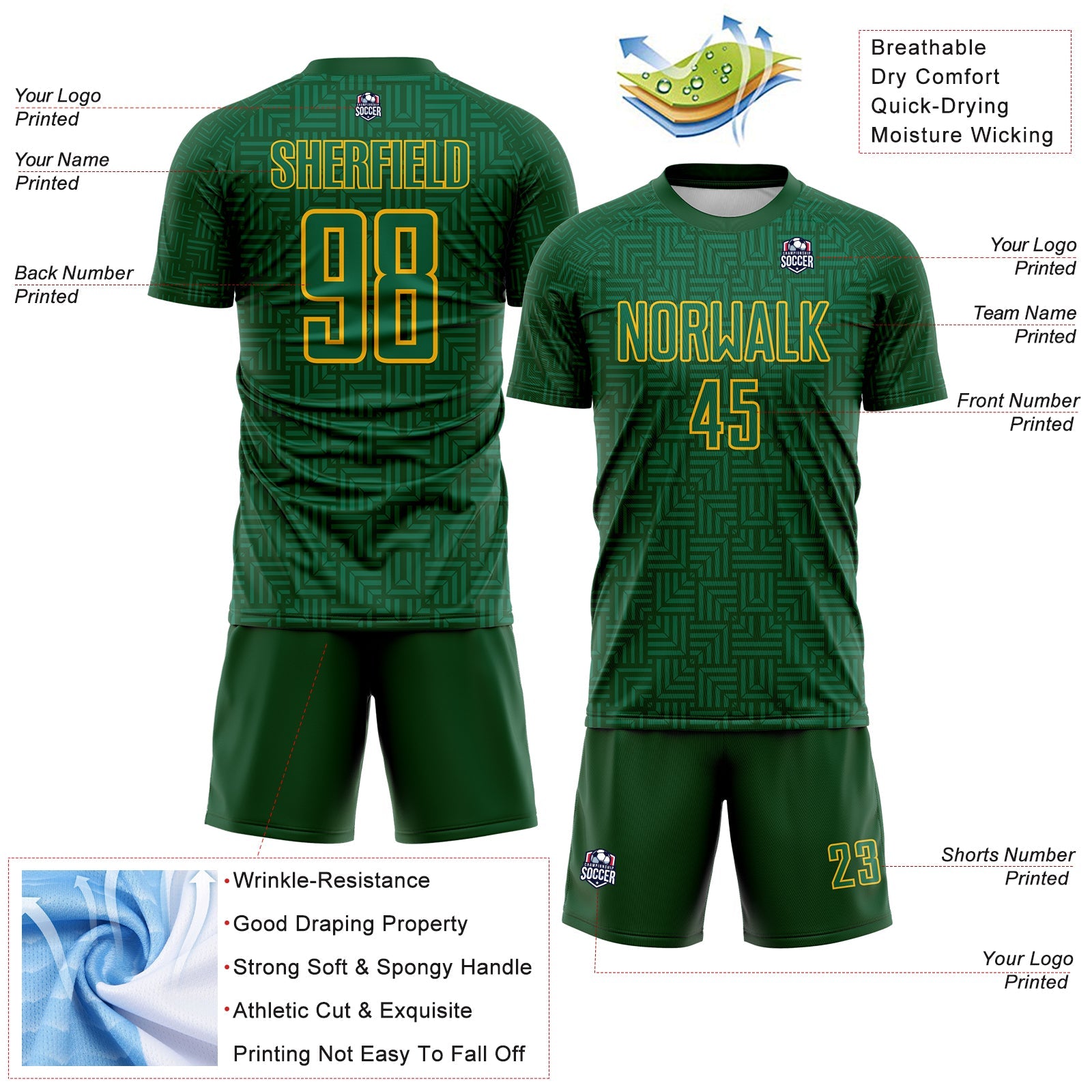 Custom Green Kelly Green-Gold Geometric Maze Interlocking Square Sports Sublimation Soccer Uniform Jersey view 4