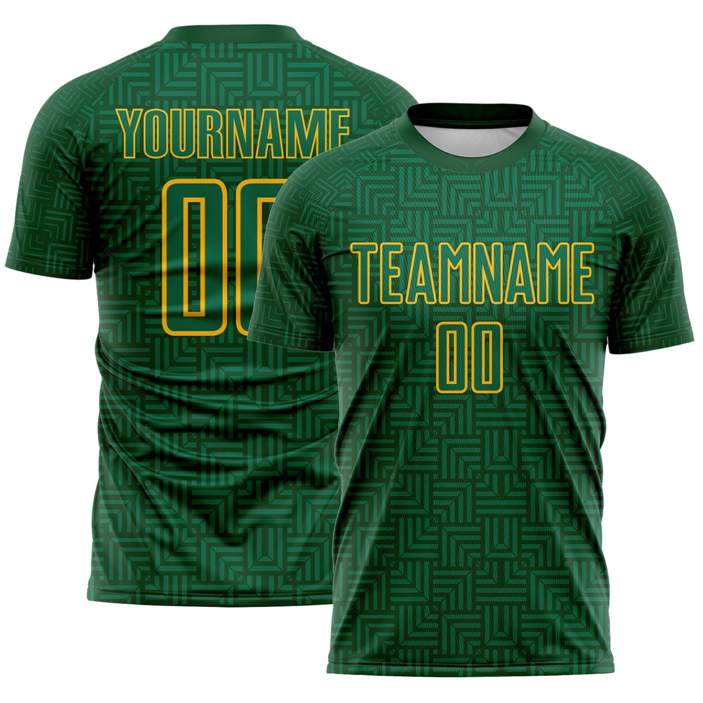Custom Green Kelly Green-Gold Geometric Maze Interlocking Square Sports Sublimation Soccer Uniform Jersey - Main View