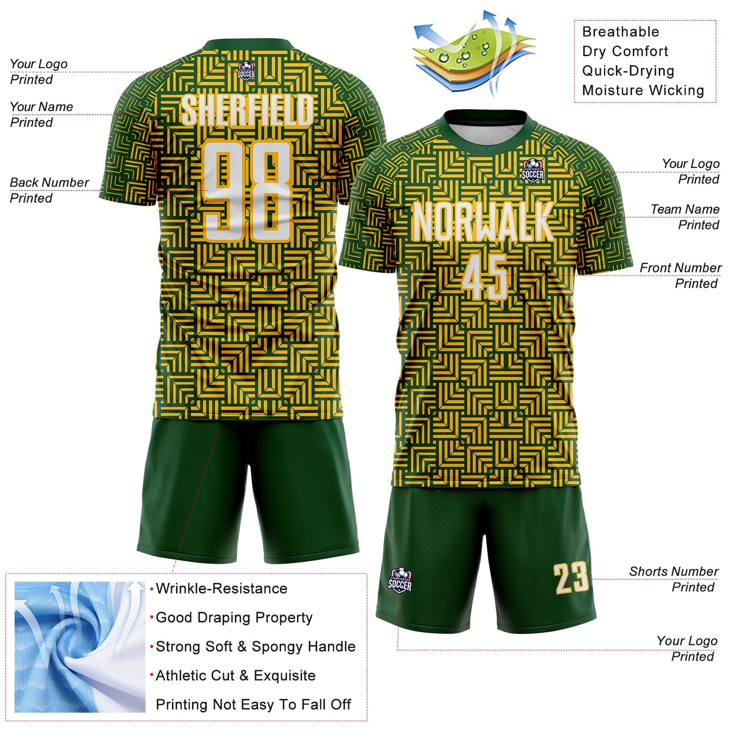 Custom Green White-Gold Geometric Maze Interlocking Square Sports Sublimation Soccer Uniform Jersey view 4