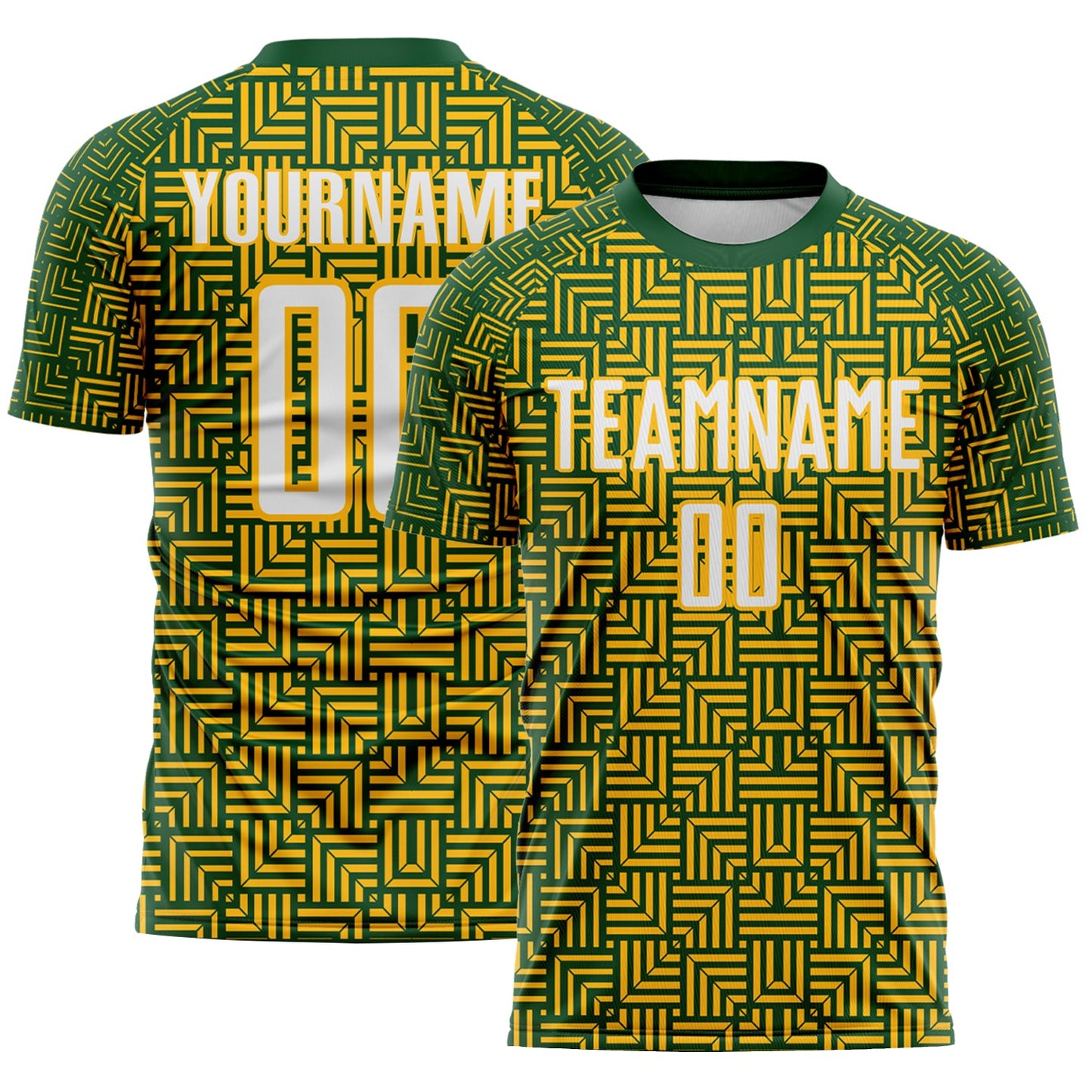 Custom Green White-Gold Geometric Maze Interlocking Square Sports Sublimation Soccer Uniform Jersey - Main View