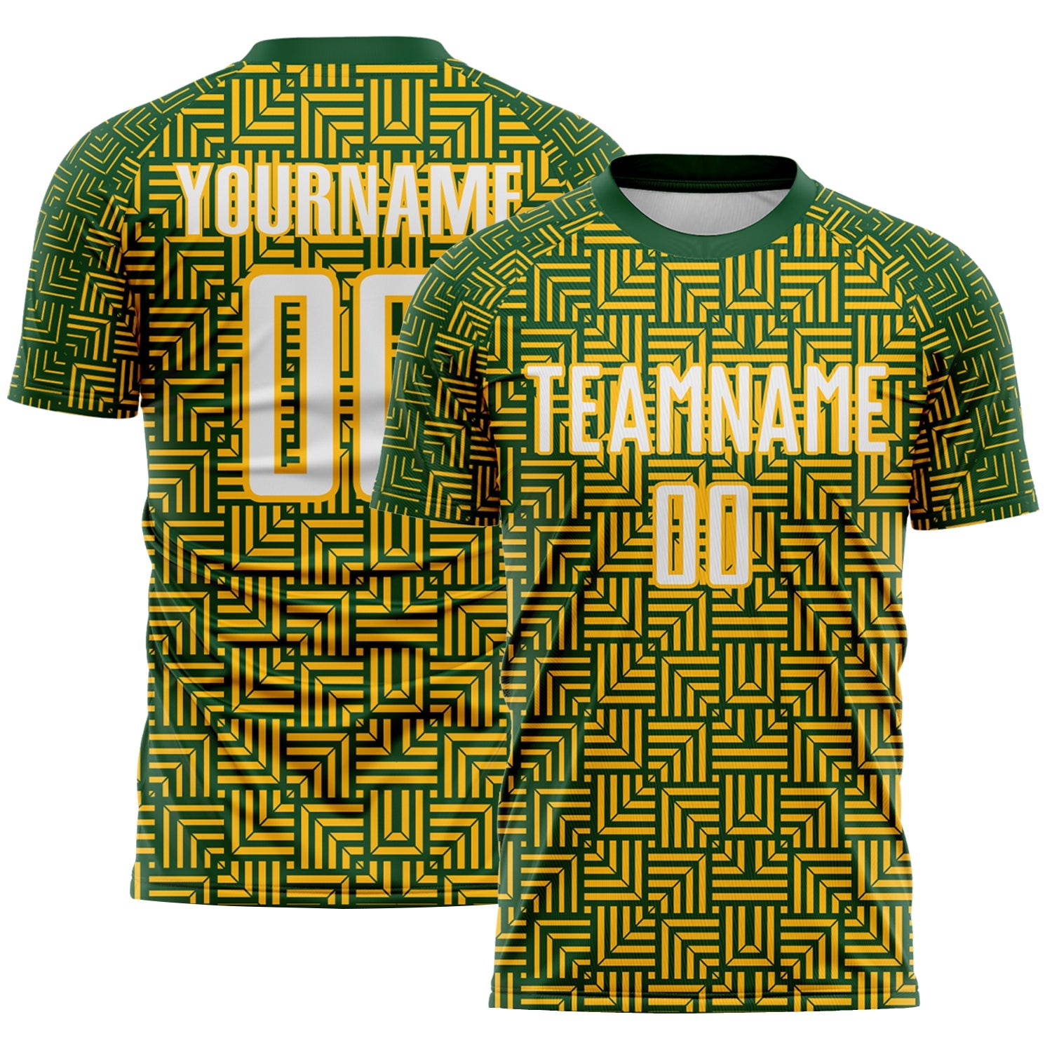 Custom Green White-Gold Geometric Maze Interlocking Square Sports Sublimation Soccer Uniform Jersey - Main View