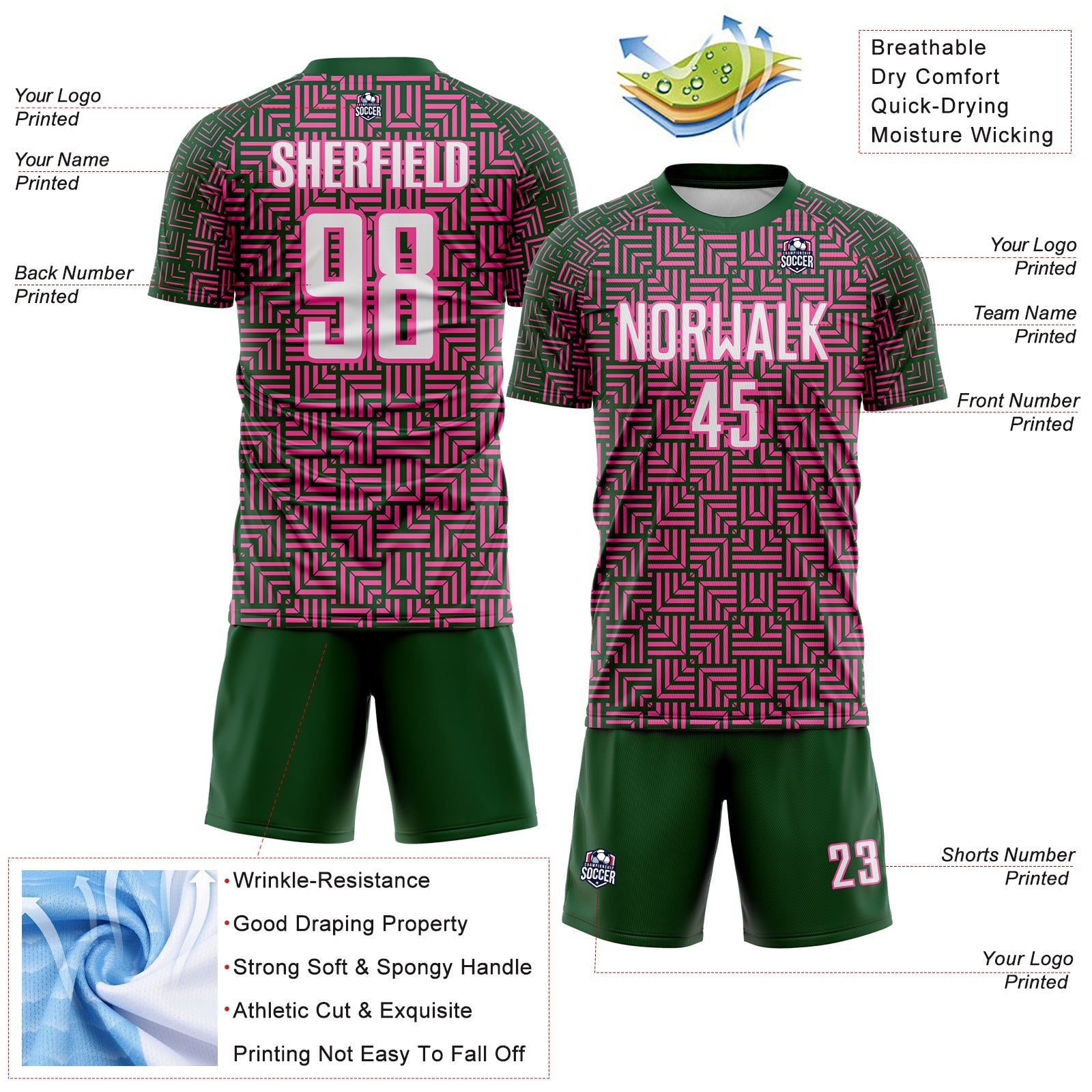 Custom Green White-Pink Geometric Maze Interlocking Square Sports Sublimation Soccer Uniform Jersey view 4