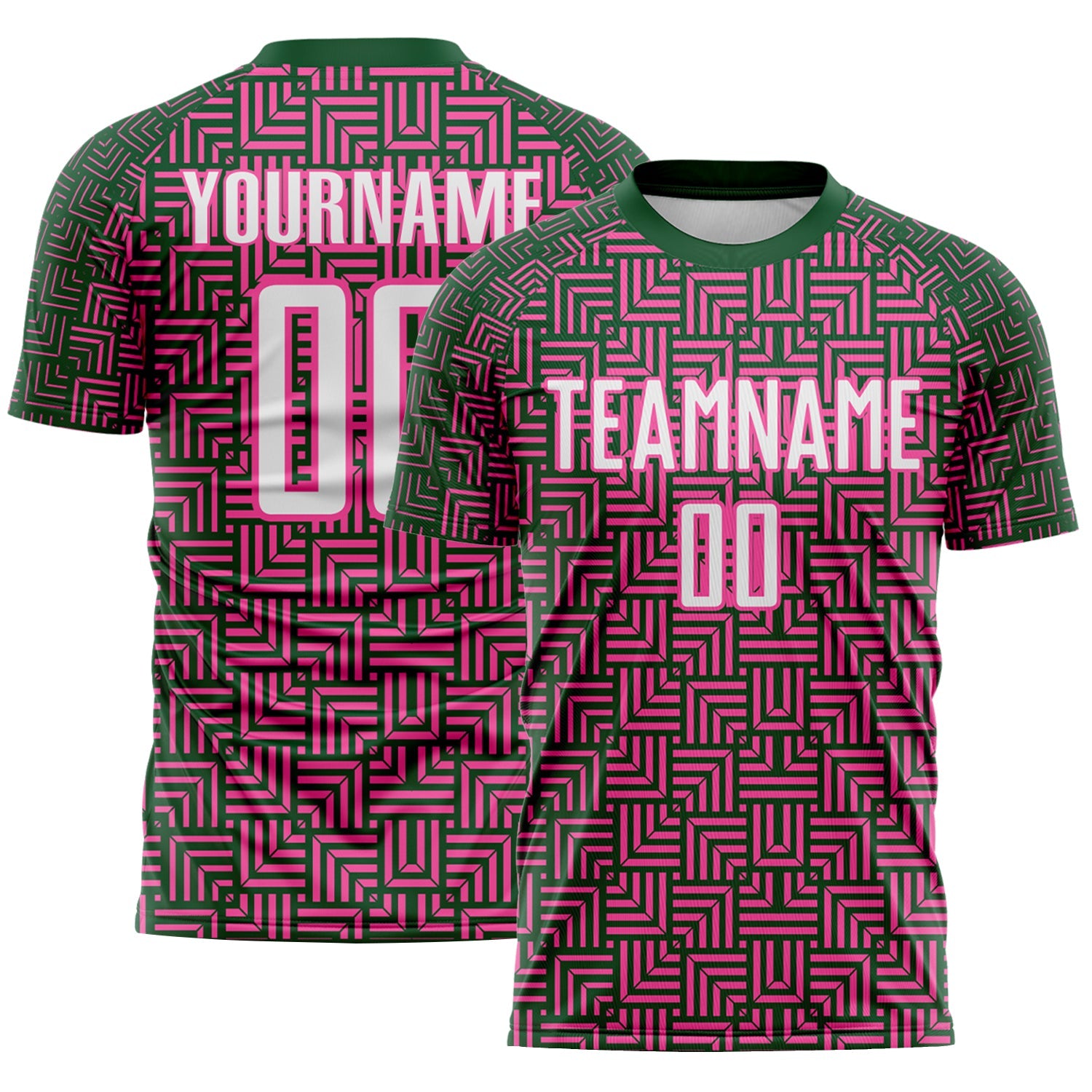 Custom Green White-Pink Geometric Maze Interlocking Square Sports Sublimation Soccer Uniform Jersey - Main View
