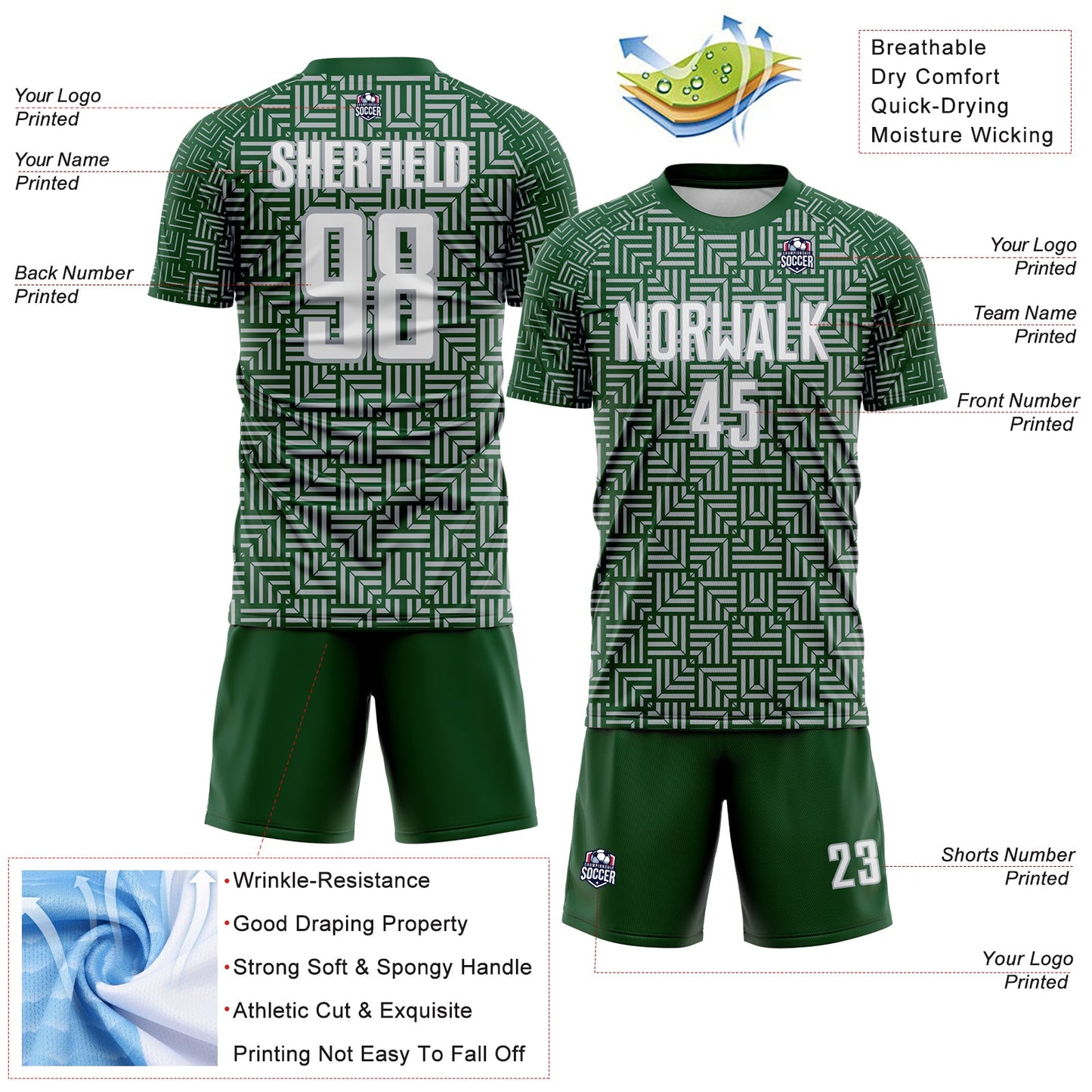 Custom Green White-Gray Geometric Maze Interlocking Square Sports Sublimation Soccer Uniform Jersey view 4