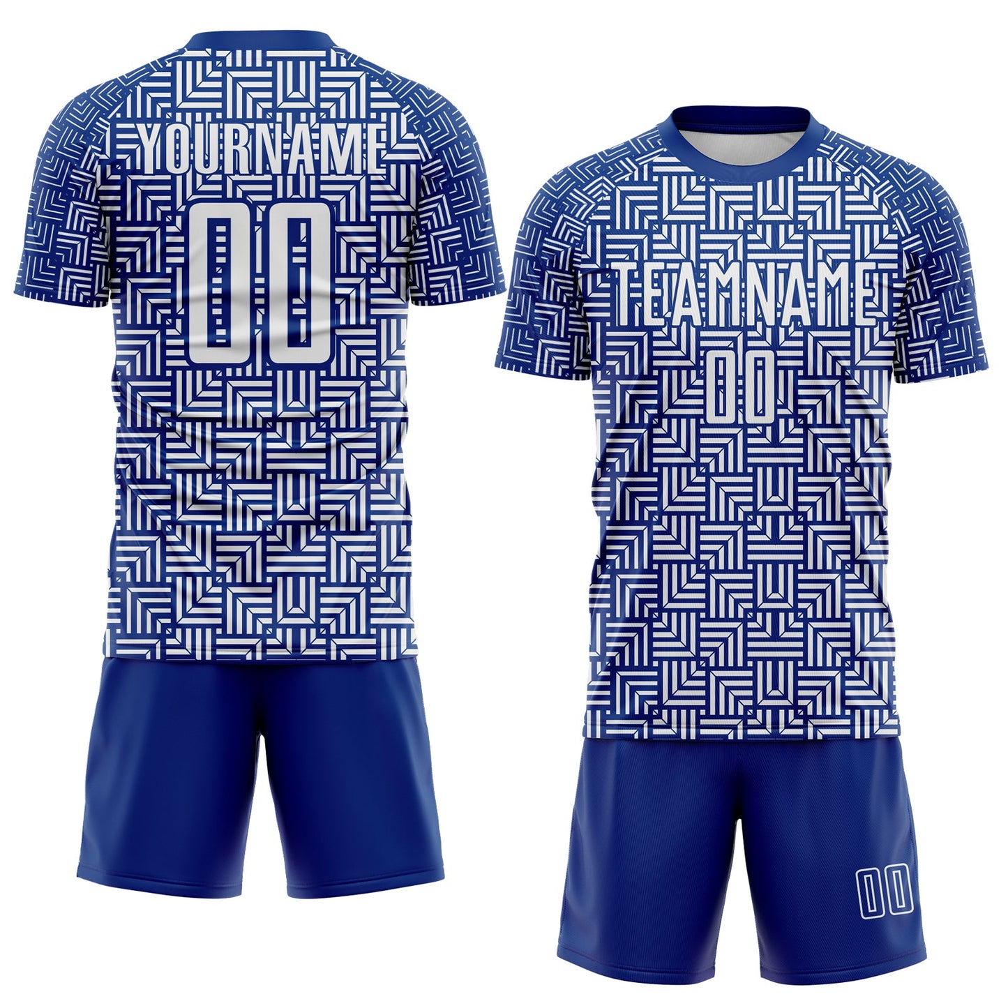 Custom Royal White Geometric Maze Interlocking Square Sports Sublimation Soccer Uniform Jersey view 2