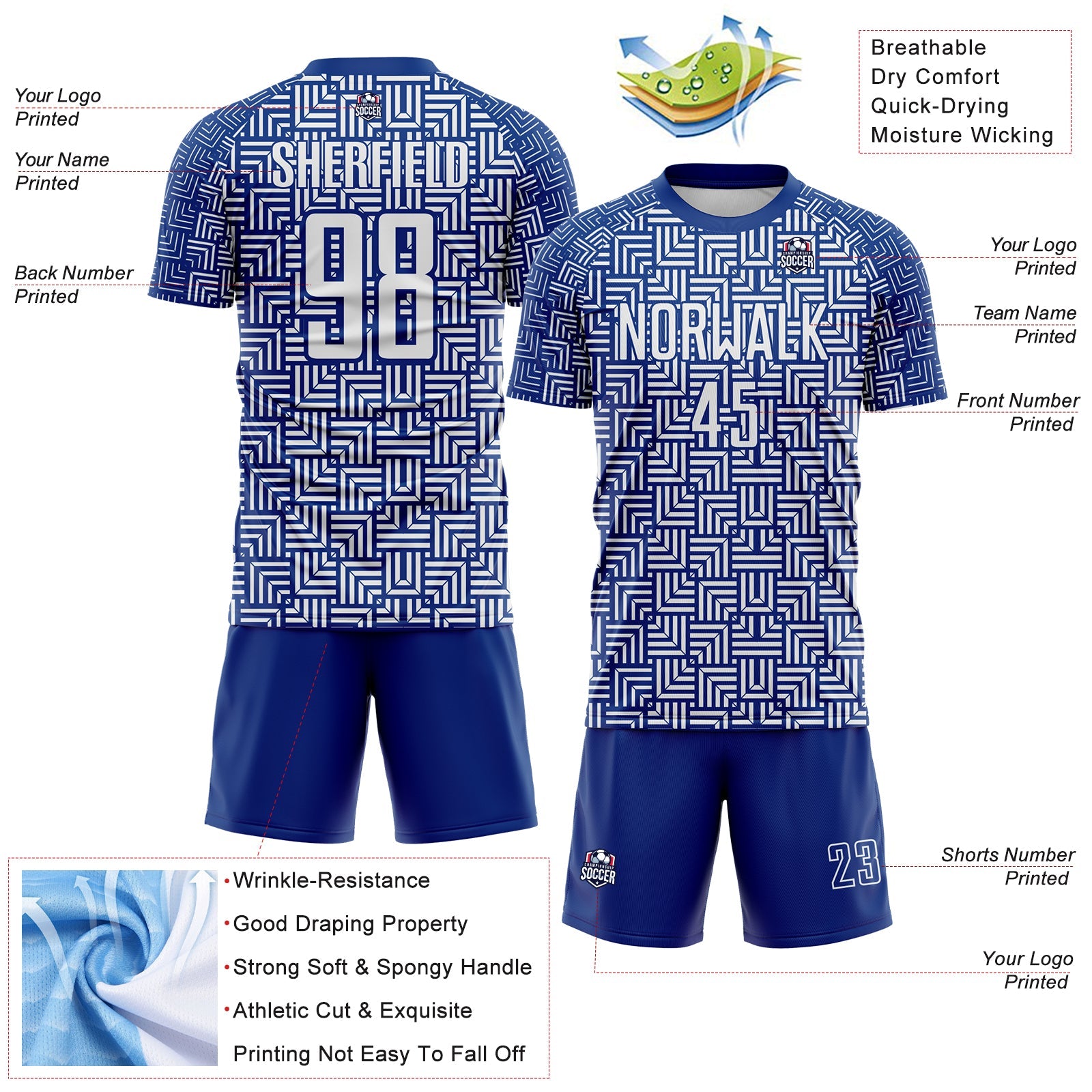 Custom Royal White Geometric Maze Interlocking Square Sports Sublimation Soccer Uniform Jersey view 4