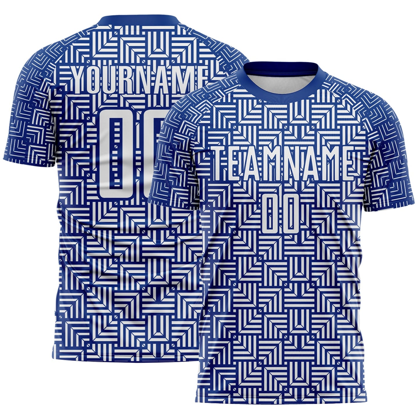 Custom Royal White Geometric Maze Interlocking Square Sports Sublimation Soccer Uniform Jersey - Main View