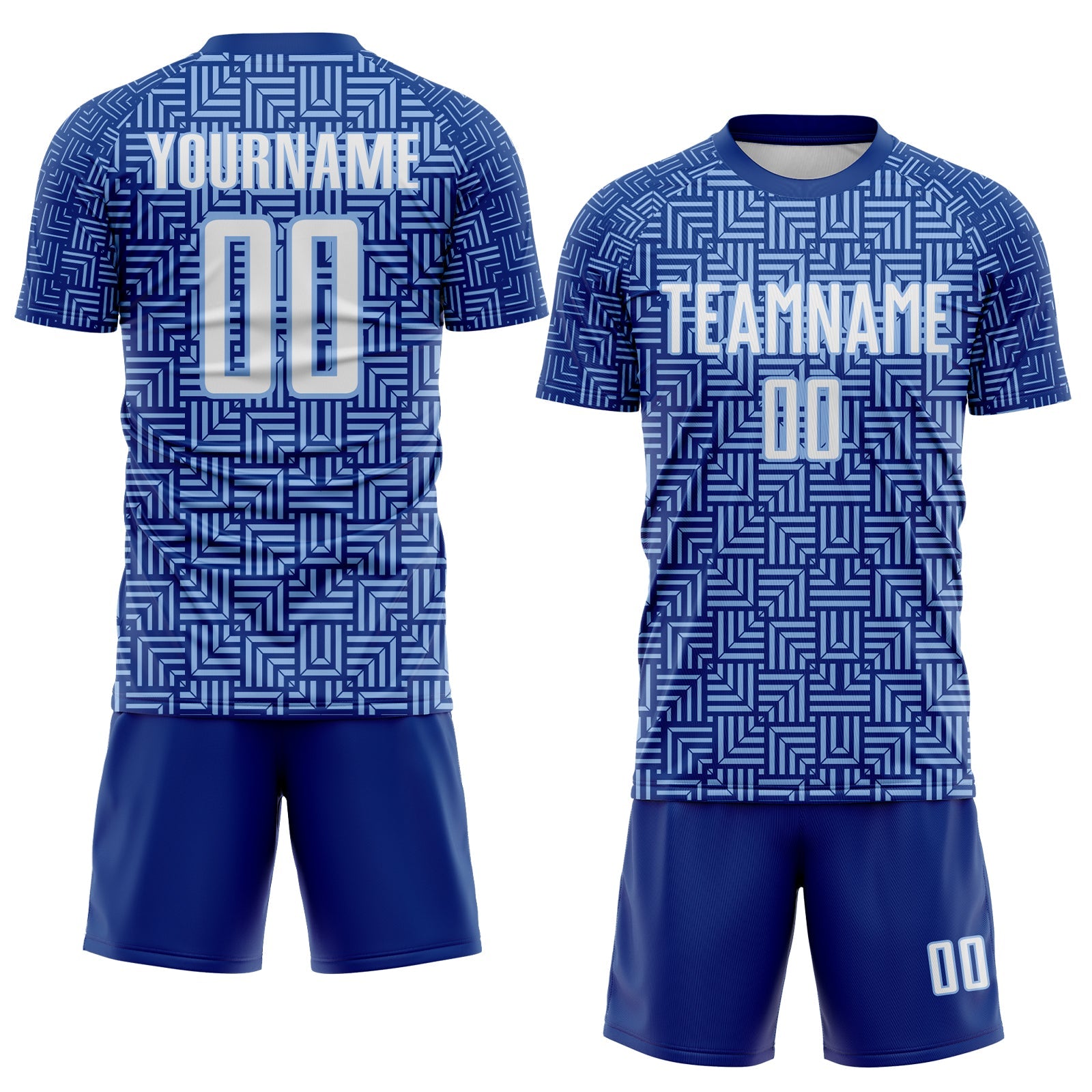 Custom Royal White-Light Blue Geometric Maze Interlocking Square Sports Sublimation Soccer Uniform Jersey view 2