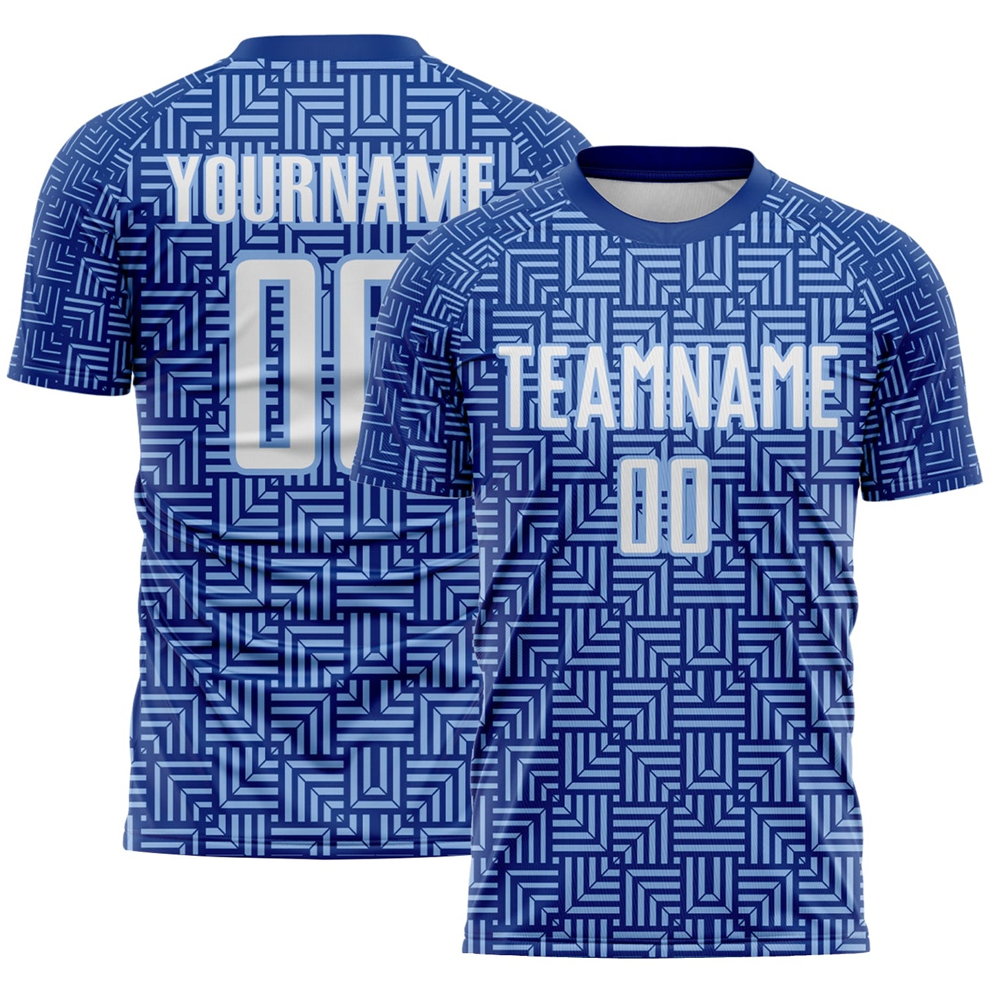 Custom Royal White-Light Blue Geometric Maze Interlocking Square Sports Sublimation Soccer Uniform Jersey - Main View