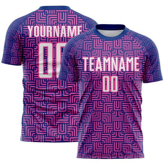 Custom Royal White-Pink Geometric Maze Interlocking Square Sports Sublimation Soccer Uniform Jersey - Main View