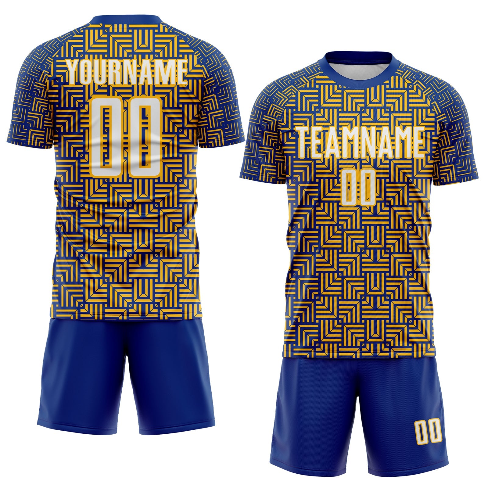 Custom Royal White-Gold Geometric Maze Interlocking Square Sports Sublimation Soccer Uniform Jersey view 2