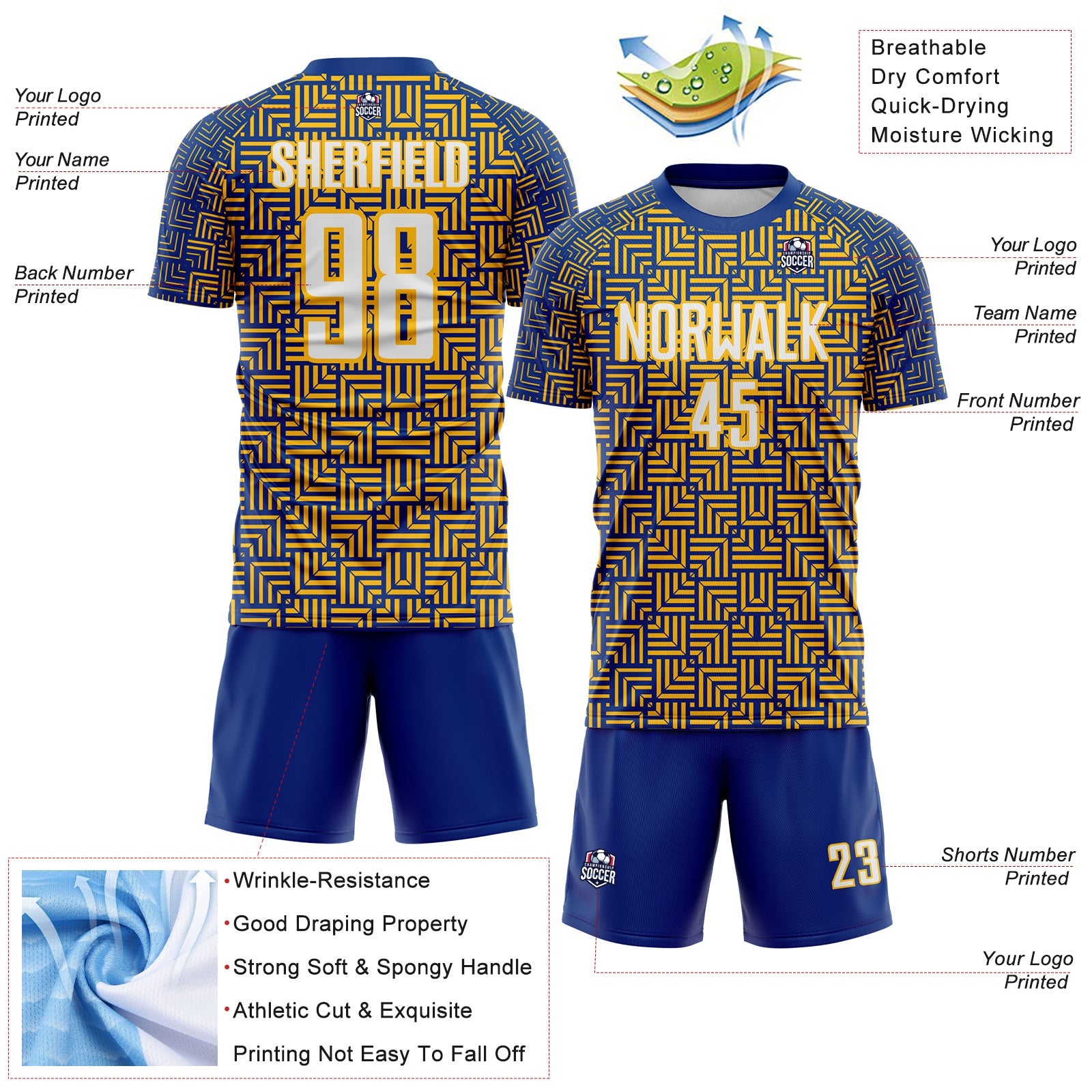 Custom Royal White-Gold Geometric Maze Interlocking Square Sports Sublimation Soccer Uniform Jersey view 4