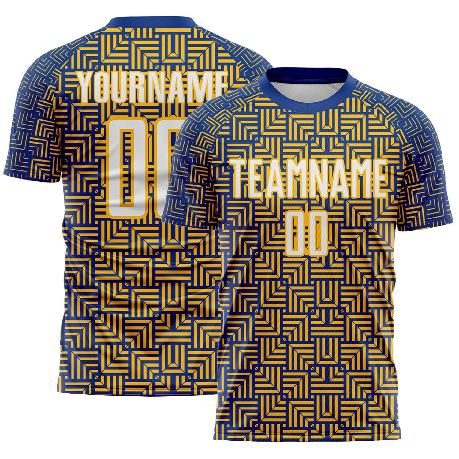 Custom Royal White-Gold Geometric Maze Interlocking Square Sports Sublimation Soccer Uniform Jersey - Main View