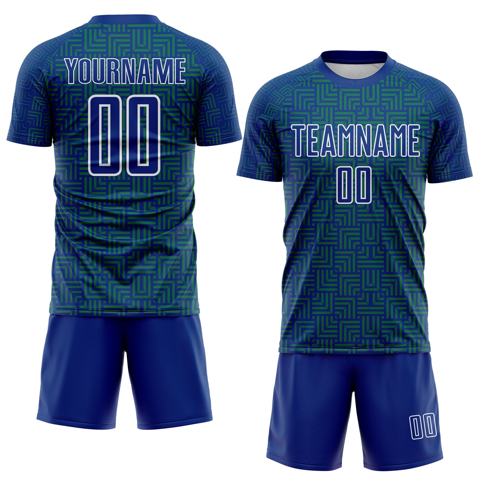 Custom Royal Kelly Green-White Geometric Maze Interlocking Square Sports Sublimation Soccer Uniform Jersey view 2