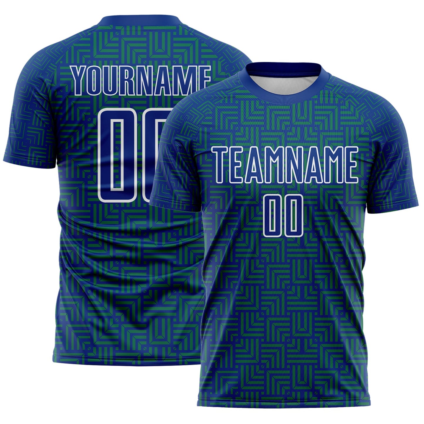 Custom Royal Kelly Green-White Geometric Maze Interlocking Square Sports Sublimation Soccer Uniform Jersey - Main View