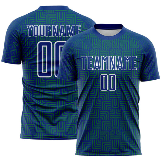 Custom Royal Kelly Green-White Geometric Maze Interlocking Square Sports Sublimation Soccer Uniform Jersey - Main View