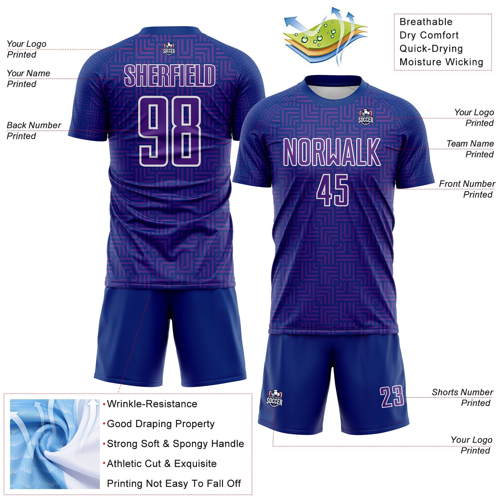 Custom Royal Purple-White Geometric Maze Interlocking Square Sports Sublimation Soccer Uniform Jersey view 4