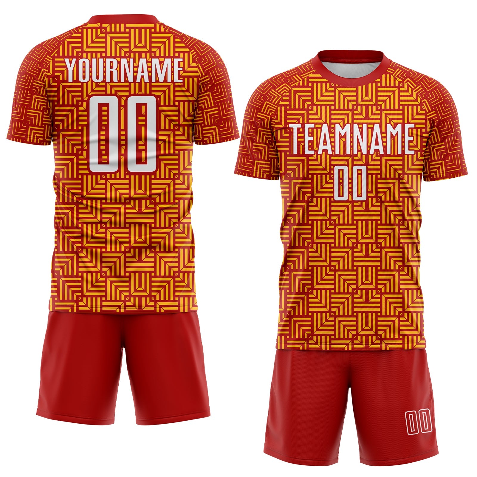 Custom Red White-Gold Geometric Maze Interlocking Square Sports Sublimation Soccer Uniform Jersey view 2