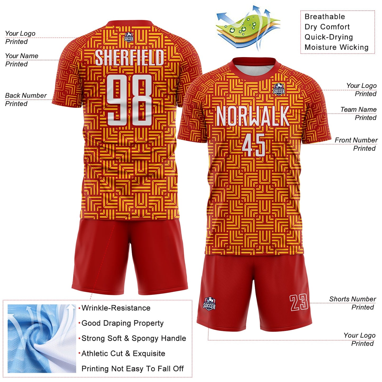 Custom Red White-Gold Geometric Maze Interlocking Square Sports Sublimation Soccer Uniform Jersey view 4