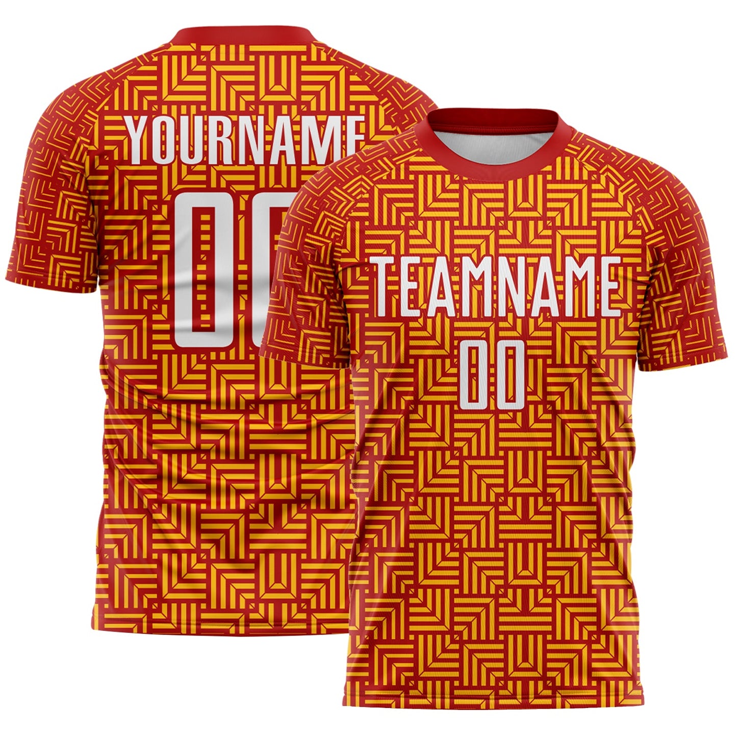Custom Red White-Gold Geometric Maze Interlocking Square Sports Sublimation Soccer Uniform Jersey - Main View