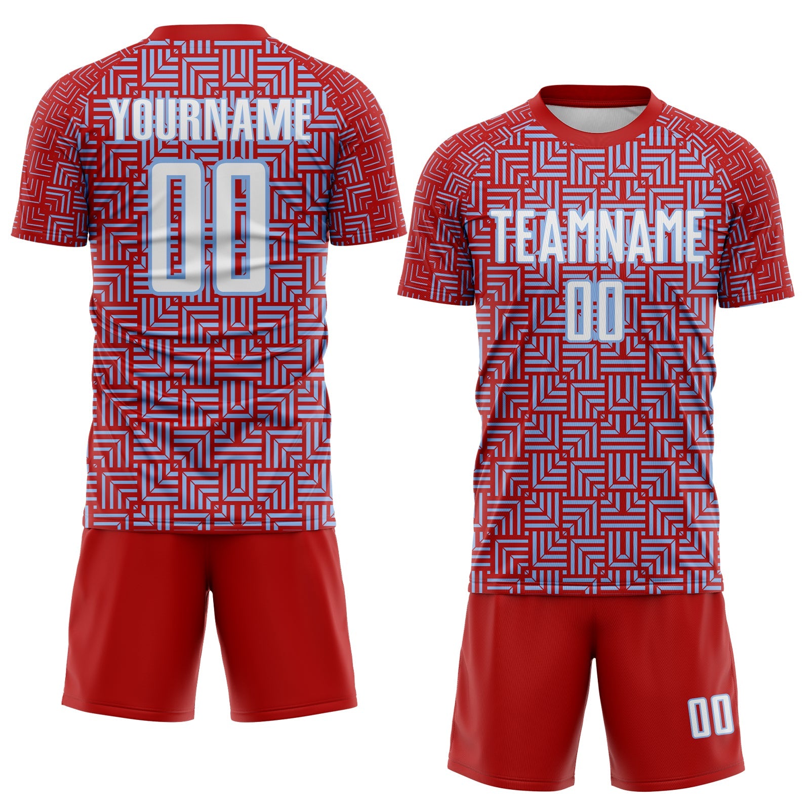 Custom Red White-Light Blue Geometric Maze Interlocking Square Sports Sublimation Soccer Uniform Jersey view 2