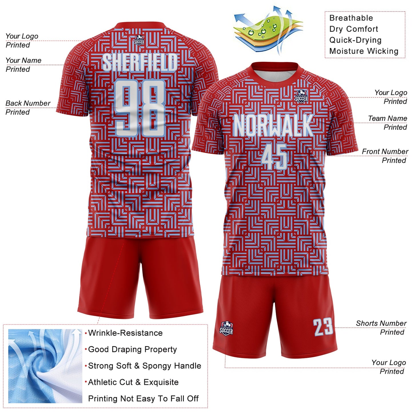 Custom Red White-Light Blue Geometric Maze Interlocking Square Sports Sublimation Soccer Uniform Jersey view 4