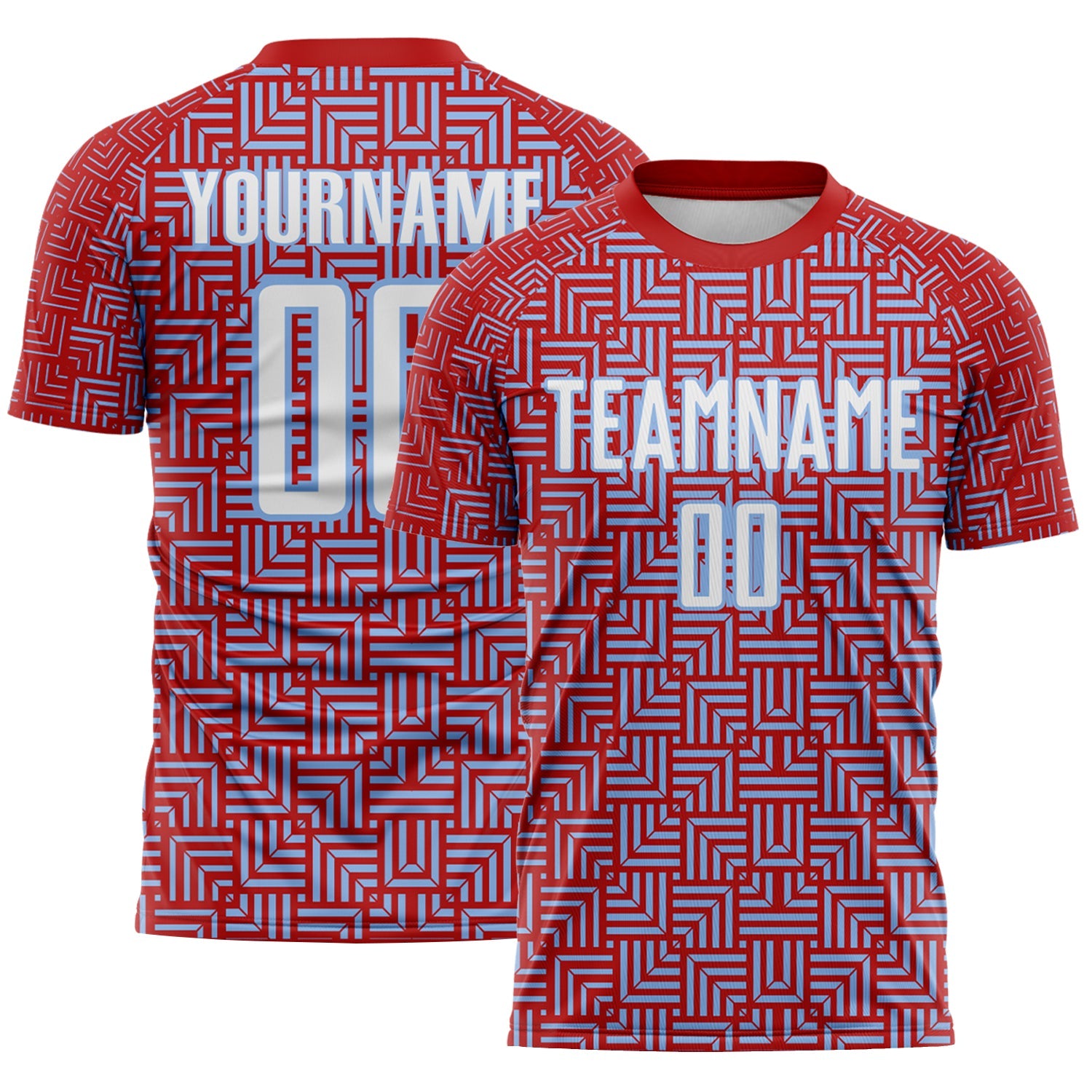 Custom Red White-Light Blue Geometric Maze Interlocking Square Sports Sublimation Soccer Uniform Jersey - Main View