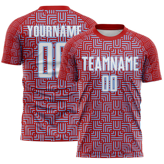 Custom Red White-Light Blue Geometric Maze Interlocking Square Sports Sublimation Soccer Uniform Jersey - Main View