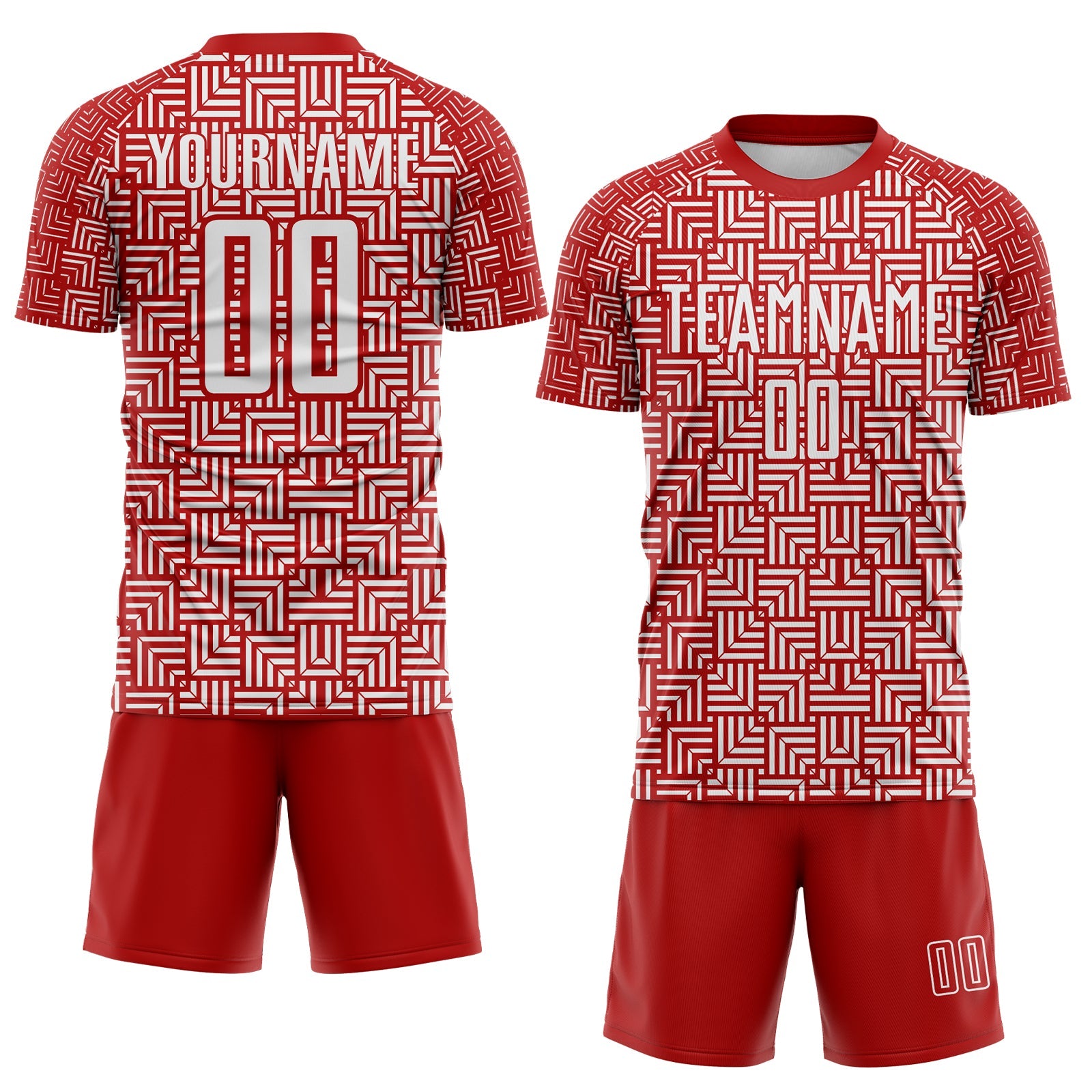 Custom Red White Geometric Maze Interlocking Square Sports Sublimation Soccer Uniform Jersey view 2