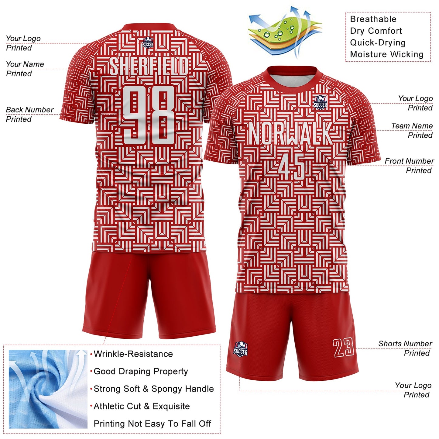 Custom Red White Geometric Maze Interlocking Square Sports Sublimation Soccer Uniform Jersey view 4