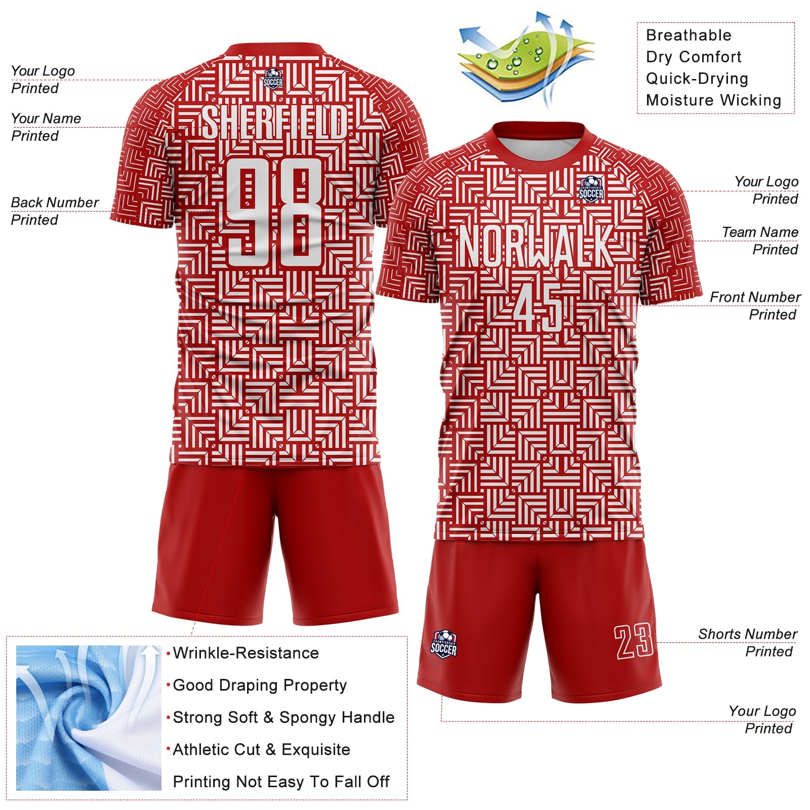 Custom Red White Geometric Maze Interlocking Square Sports Sublimation Soccer Uniform Jersey view 4