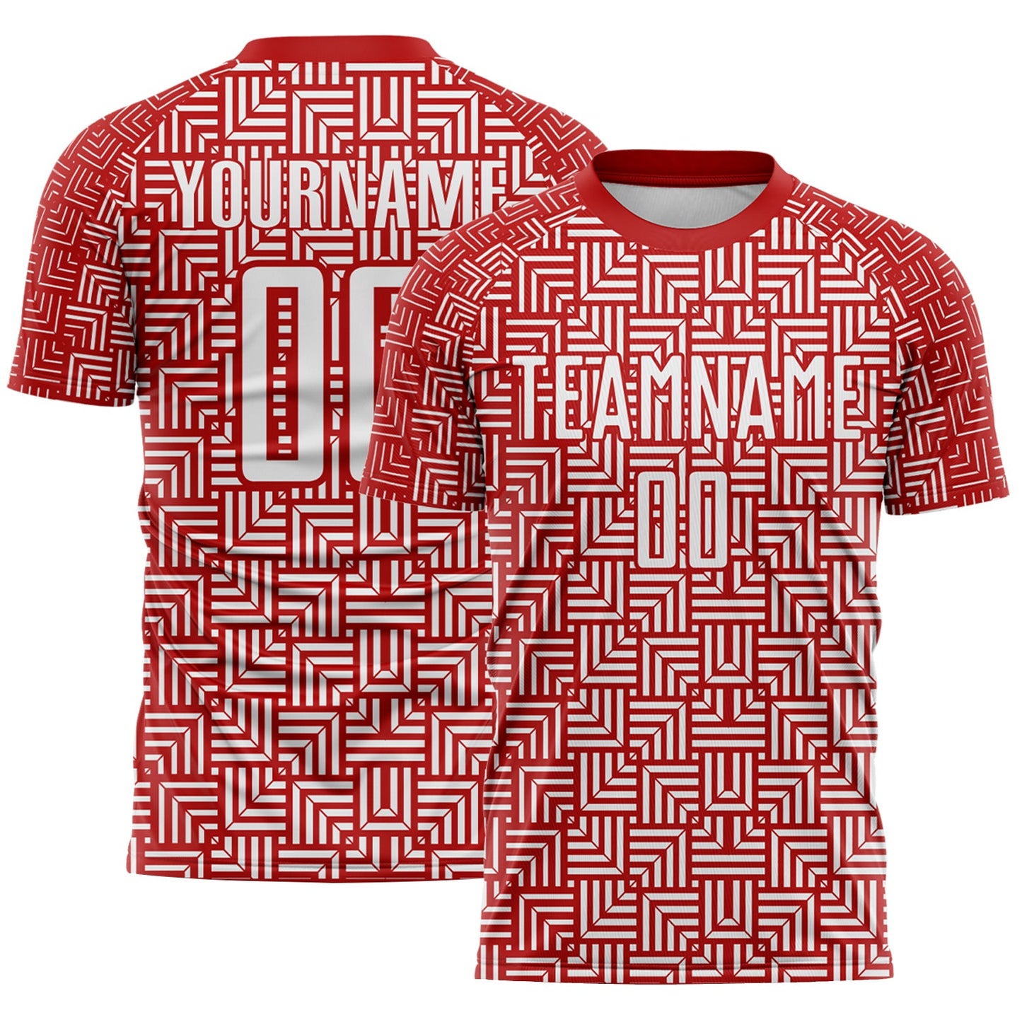 Custom Red White Geometric Maze Interlocking Square Sports Sublimation Soccer Uniform Jersey - Main View