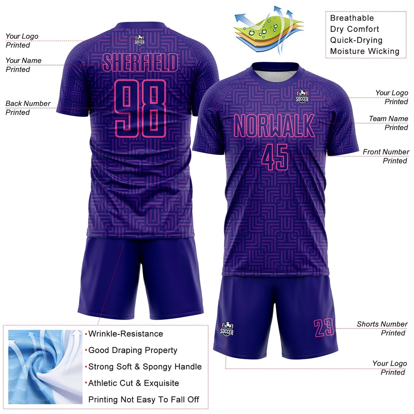 Custom Dark Purple Purple-Pink Geometric Maze Interlocking Square Sports Sublimation Soccer Uniform Jersey view 4