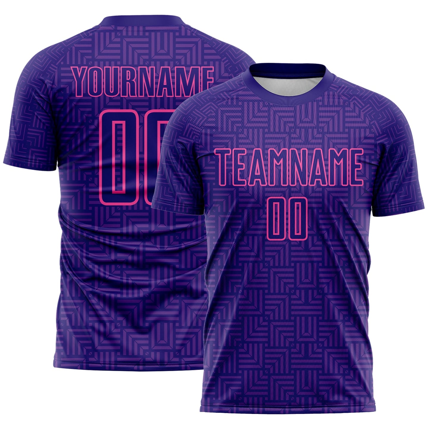 Custom Dark Purple Purple-Pink Geometric Maze Interlocking Square Sports Sublimation Soccer Uniform Jersey - Main View