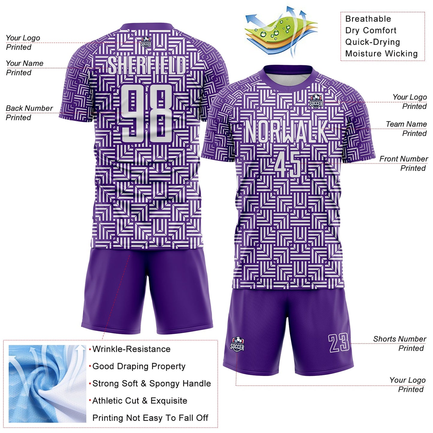Custom Purple White Geometric Maze Interlocking Square Sports Sublimation Soccer Uniform Jersey view 4
