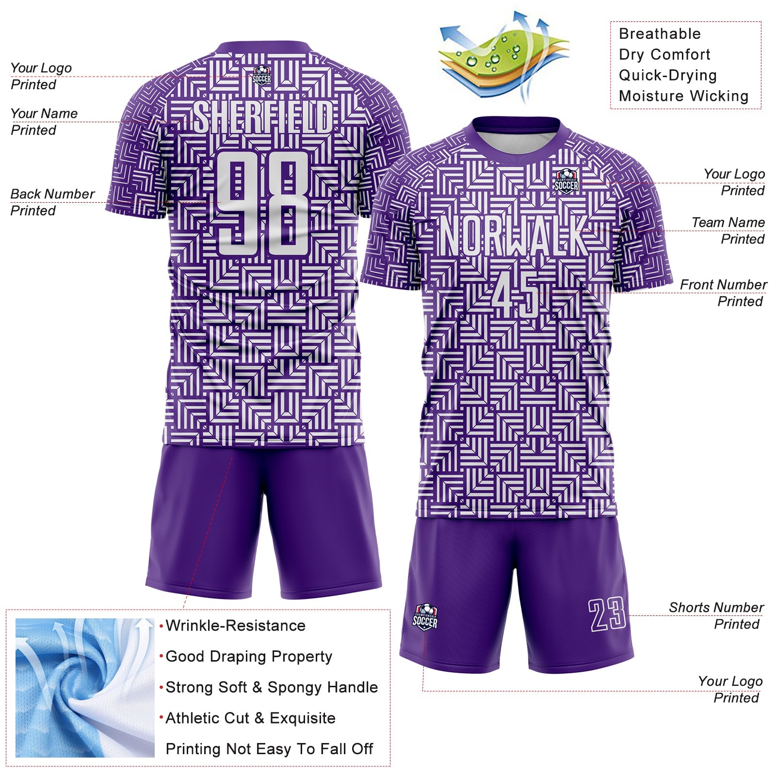 Custom Purple White Geometric Maze Interlocking Square Sports Sublimation Soccer Uniform Jersey view 4