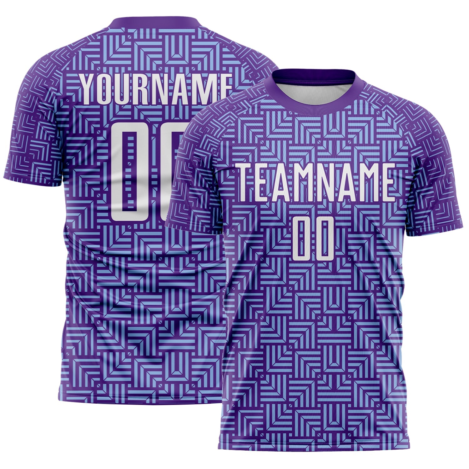 Custom Purple White-Light Blue Geometric Maze Interlocking Square Sports Sublimation Soccer Uniform Jersey - Main View