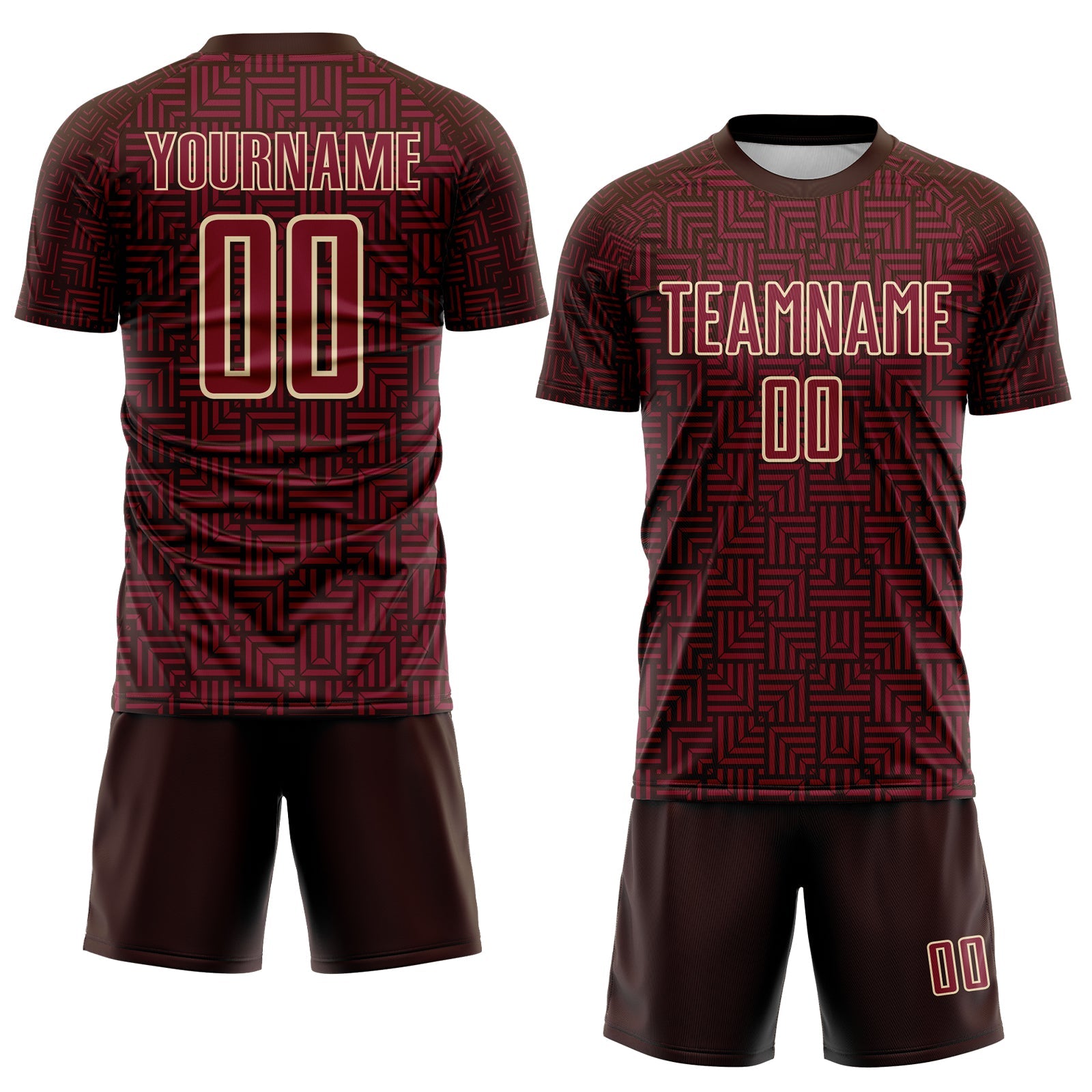 Custom Brown Crimson-Cream Geometric Maze Interlocking Square Sports Sublimation Soccer Uniform Jersey view 2
