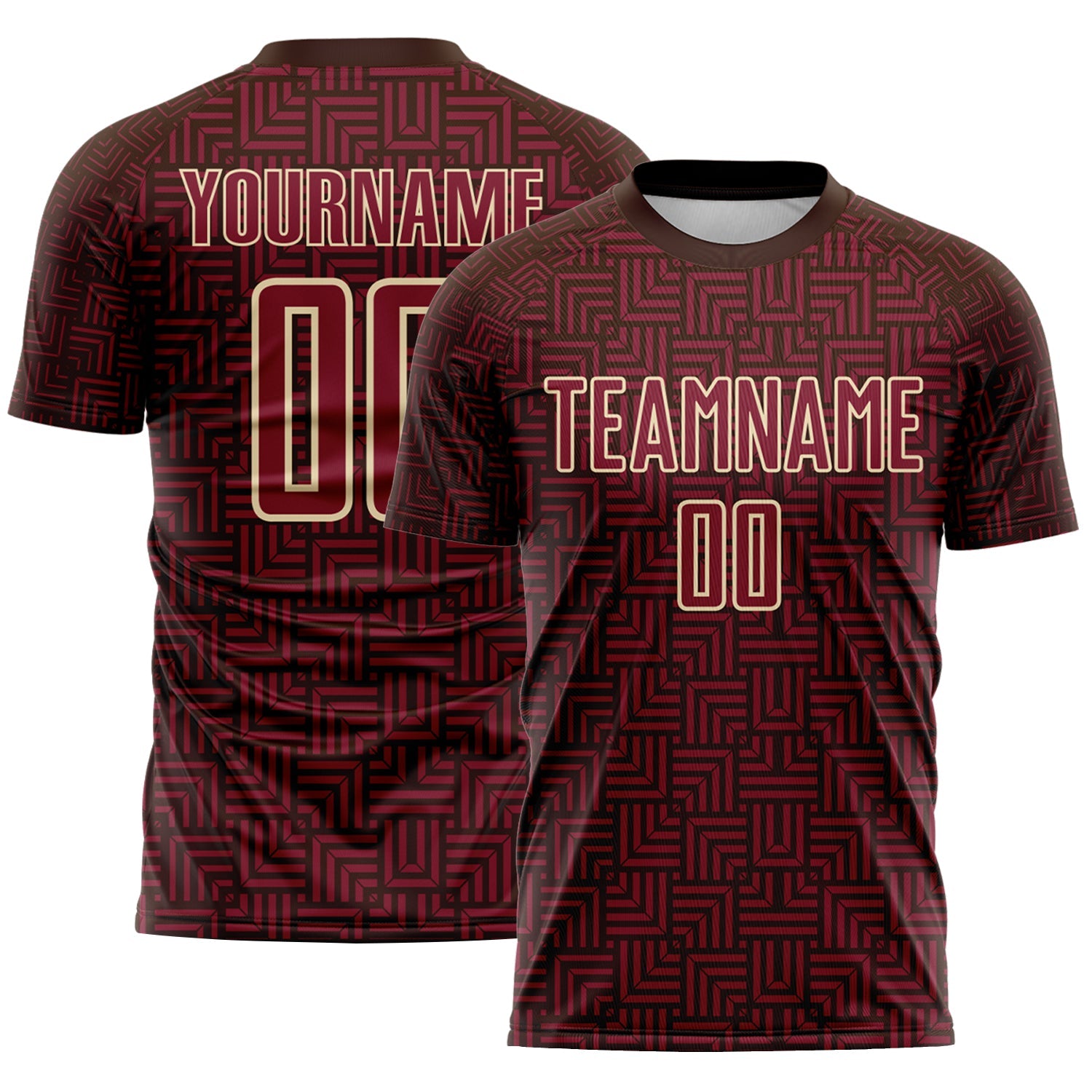 Custom Brown Crimson-Cream Geometric Maze Interlocking Square Sports Sublimation Soccer Uniform Jersey - Main View