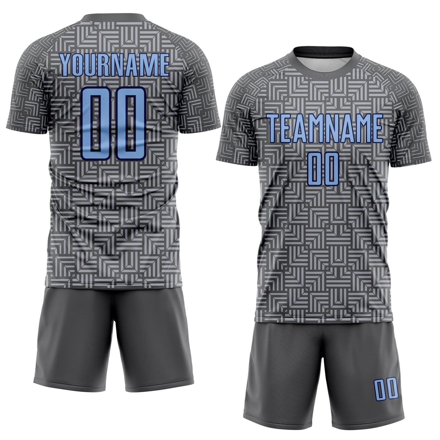 Custom Steel Gray Light Blue Navy-Gray Geometric Maze Interlocking Square Sports Sublimation Soccer Uniform Jersey view 2