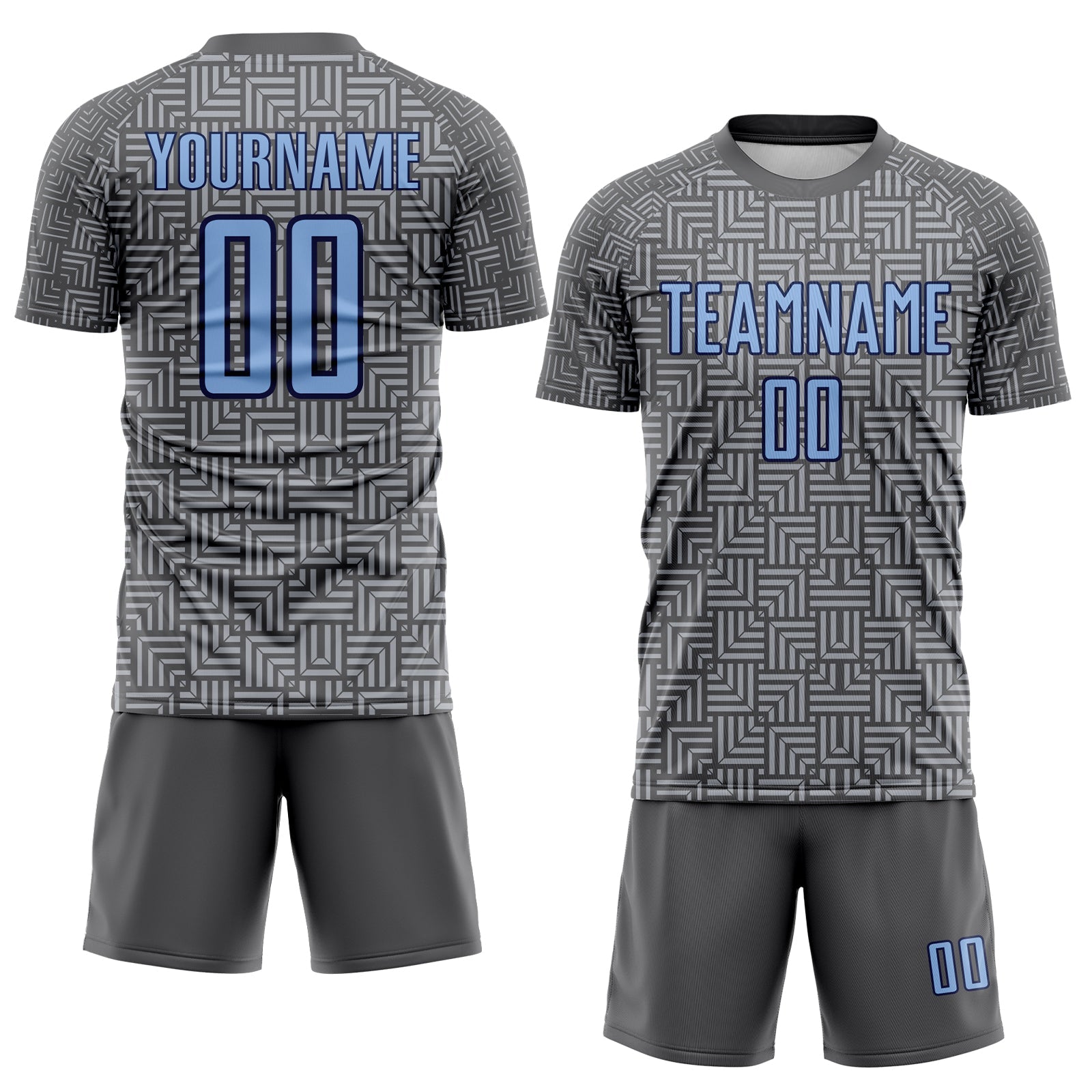 Custom Steel Gray Light Blue Navy-Gray Geometric Maze Interlocking Square Sports Sublimation Soccer Uniform Jersey view 2