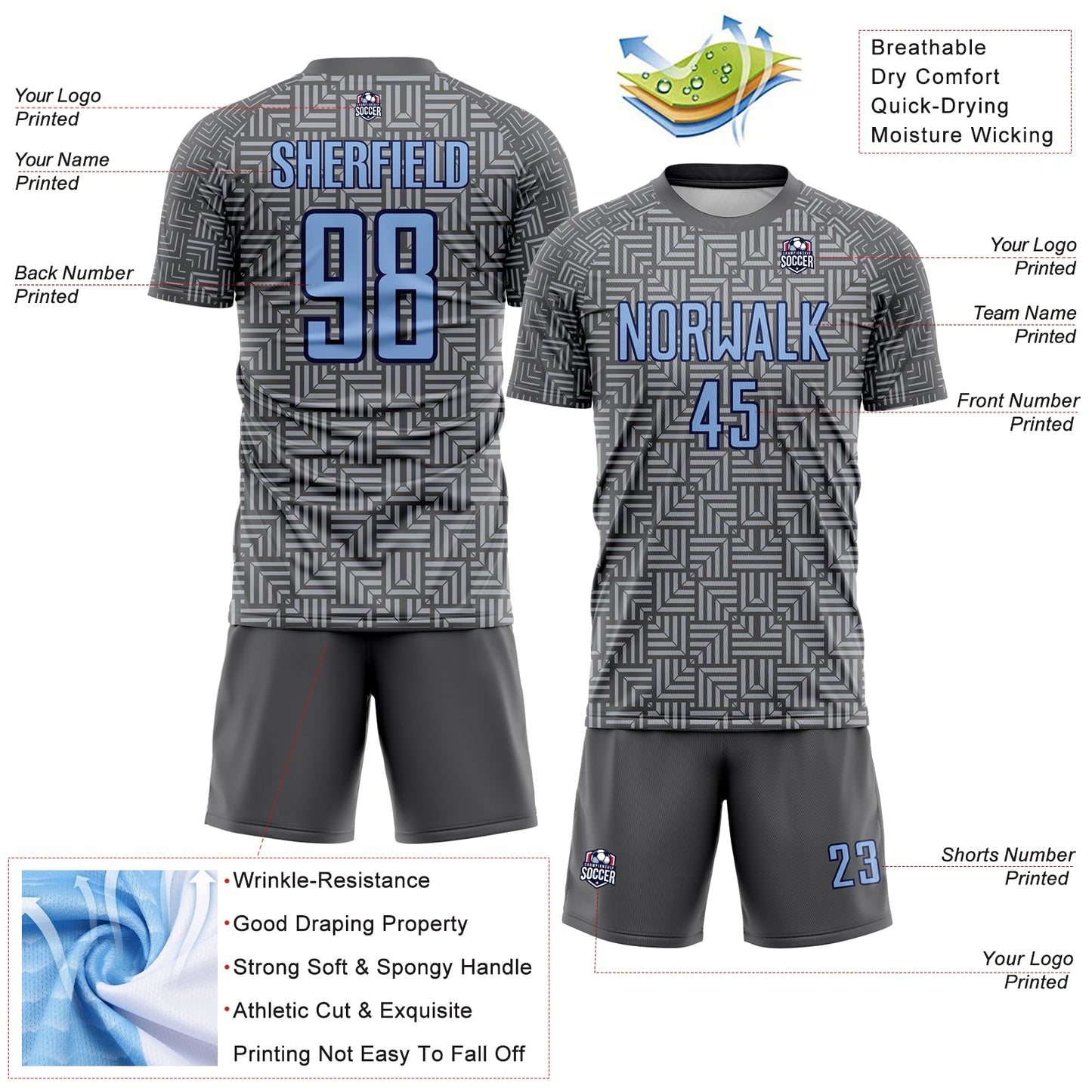 Custom Steel Gray Light Blue Navy-Gray Geometric Maze Interlocking Square Sports Sublimation Soccer Uniform Jersey view 4