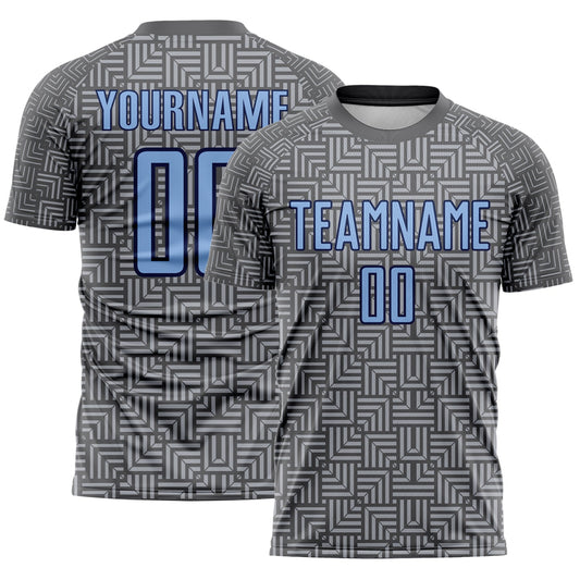 Custom Steel Gray Light Blue Navy-Gray Geometric Maze Interlocking Square Sports Sublimation Soccer Uniform Jersey - Main View