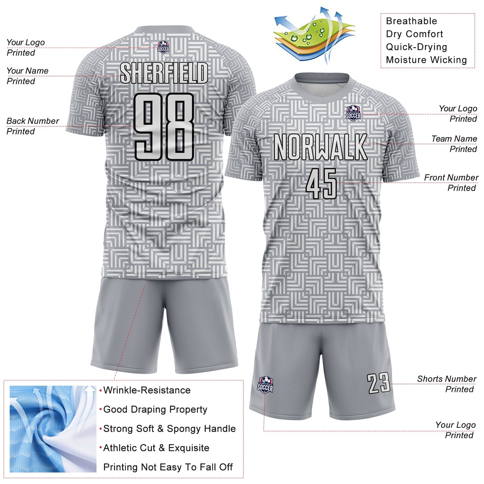 Custom Gray White-Black Geometric Maze Interlocking Square Sports Sublimation Soccer Uniform Jersey view 4