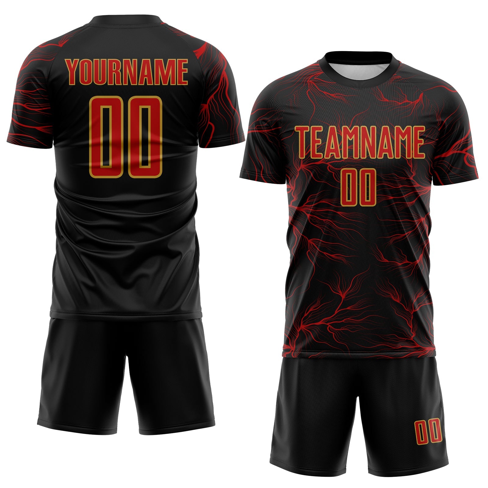 Custom Black Red-Old Gold Lightning Electric Veins Sublimation Soccer Uniform Jersey view 2