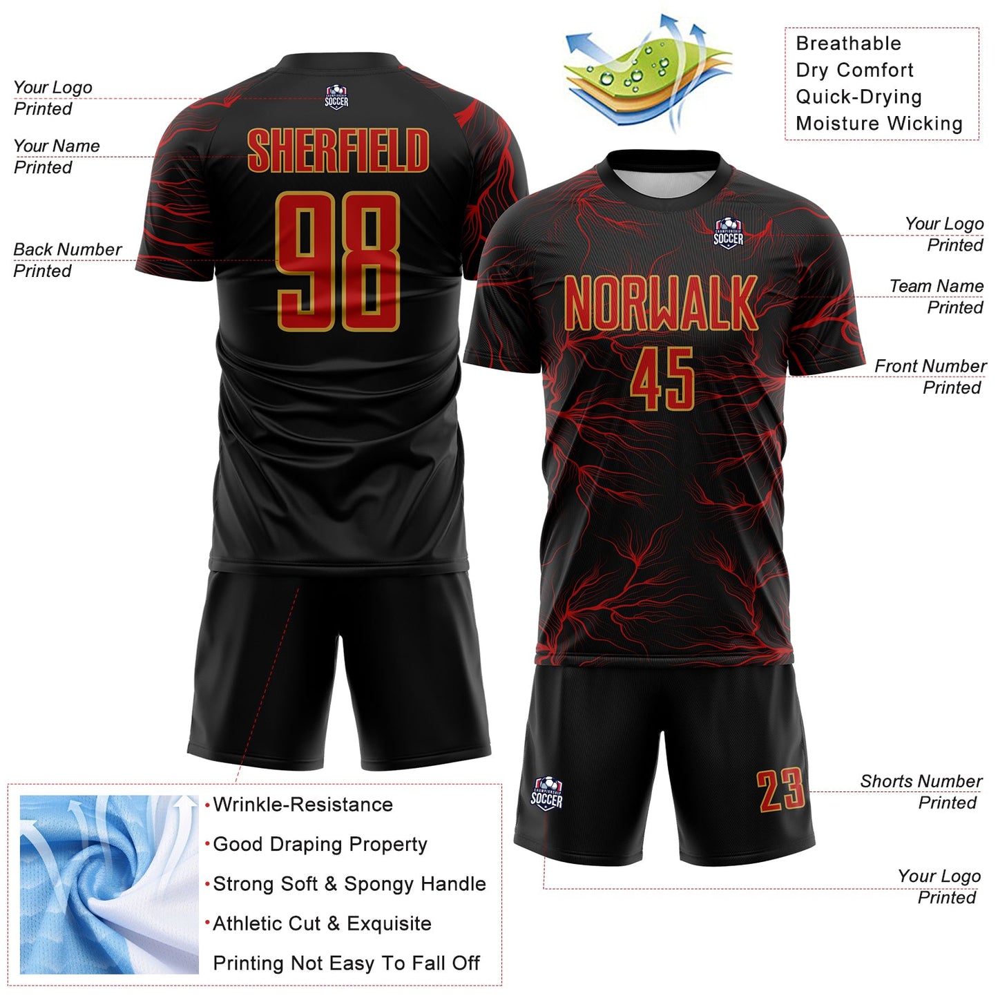 Custom Black Red-Old Gold Lightning Electric Veins Sublimation Soccer Uniform Jersey view 4
